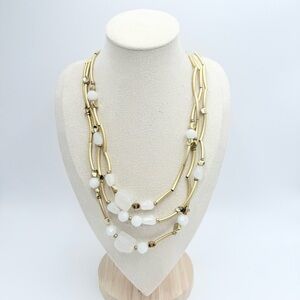 Chico’s Layered Matte Gold-Tone Necklace with Milky Quartz & Wavy Tube Chain